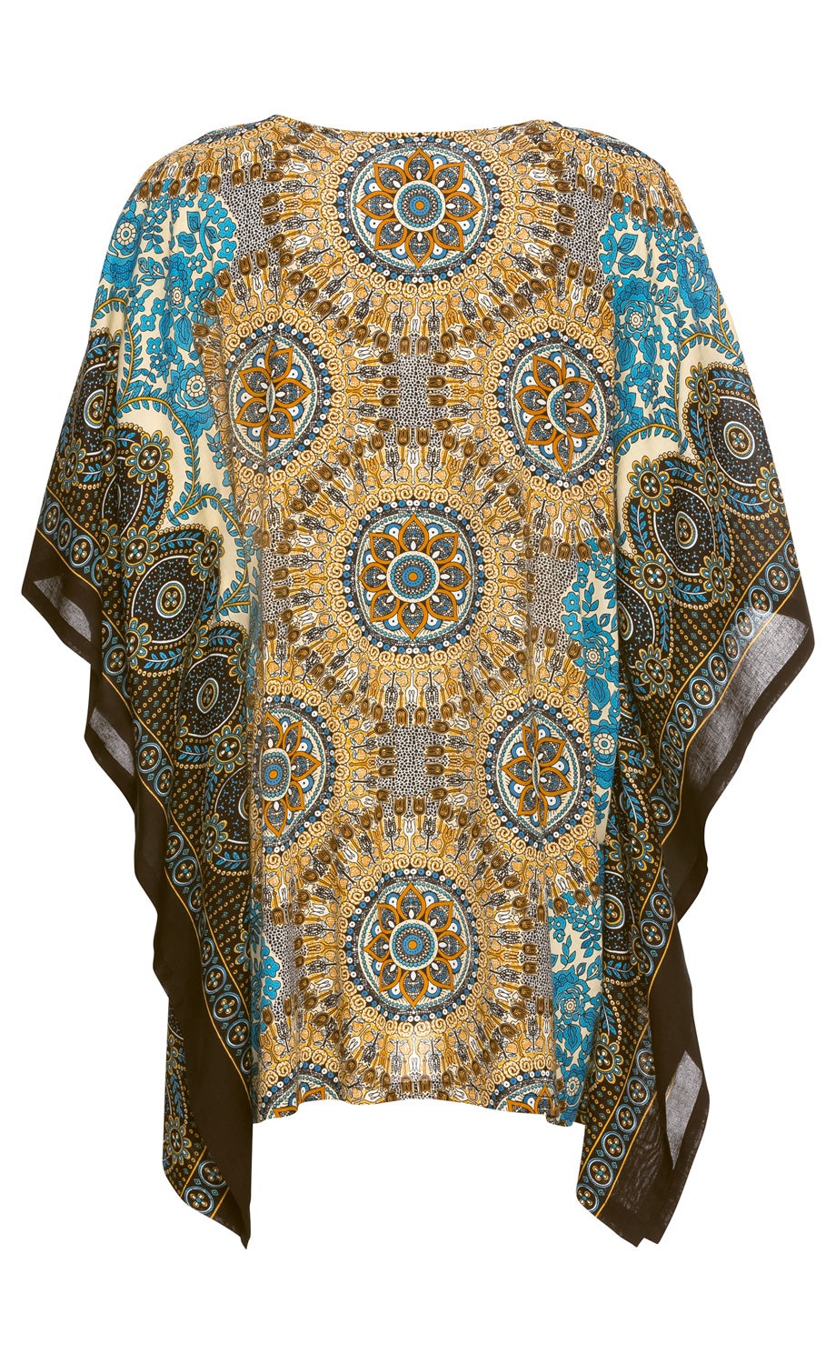 Modal-Bluse aus leichtem Modalstoff mit weitem Schnitt, großer bunter Mandala- und Blumenmuster-Mix in Blau, Ocker, Braun und Weiß, asymmetrischem Saum, locker fallend und ärmellos.
