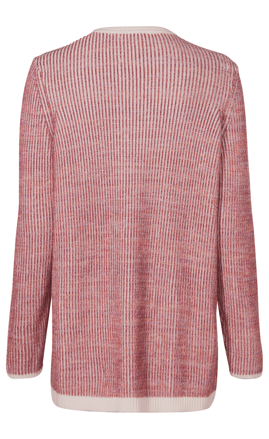 Rückansicht einer langärmeligen Baumwoll-Strickjacke in meliertem Rot und Weiß mit geripptem Muster und weißem Bundabschluss an Ärmeln und Saum