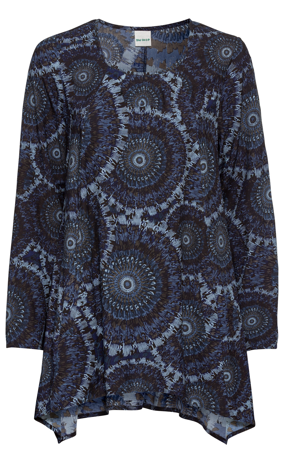 Viskose-Tunika mit langem Arm, Rundhalsausschnitt und asymmetrischem Saum, dunkelblau mit mandala-artigem Muster in Blautönen und Schwarz