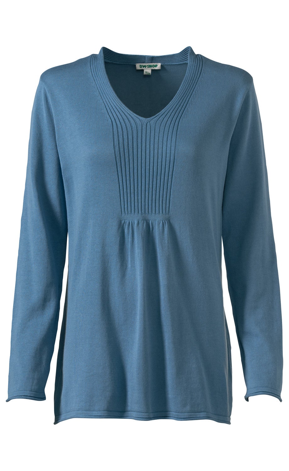 blauer Baumwoll-Pullover mit langem Arm, V-Ausschnitt und vertikalen Rippstrickdetails am Ausschnitt, lockerer Schnitt, schlichtes Design, leichte Falten unter dem Ausschnitt, keine Muster, weiches Material