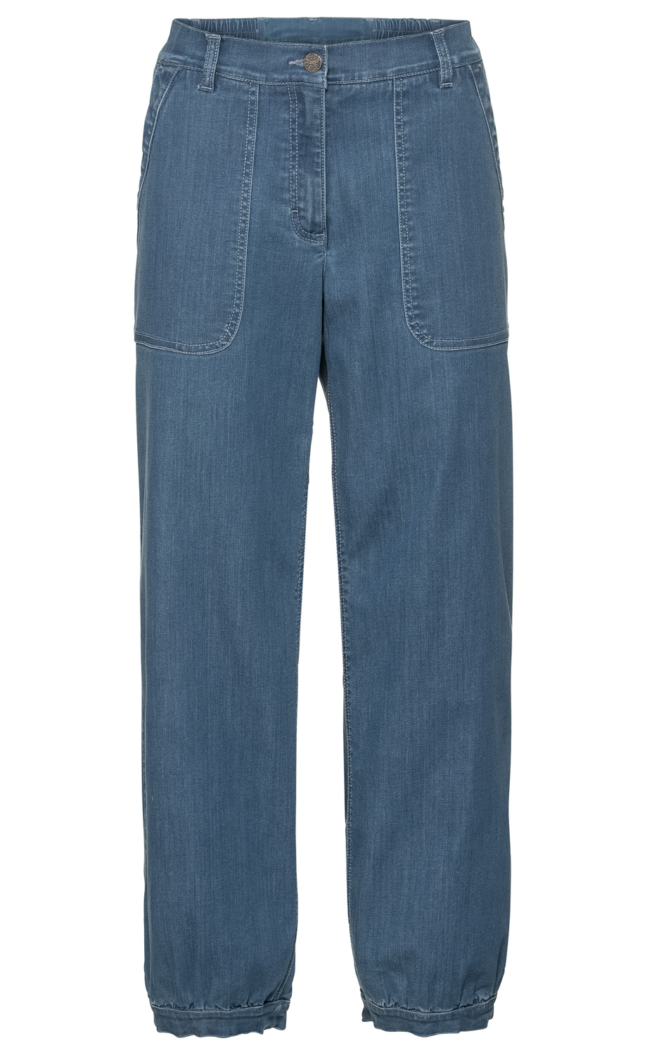 blaue Lyocell-Hose mit geradem Schnitt, breitem Bund, Knopfverschluss, aufgesetzten Taschen vorne und elastischen Bündchen am Beinabschluss, leichte Denim-Optik