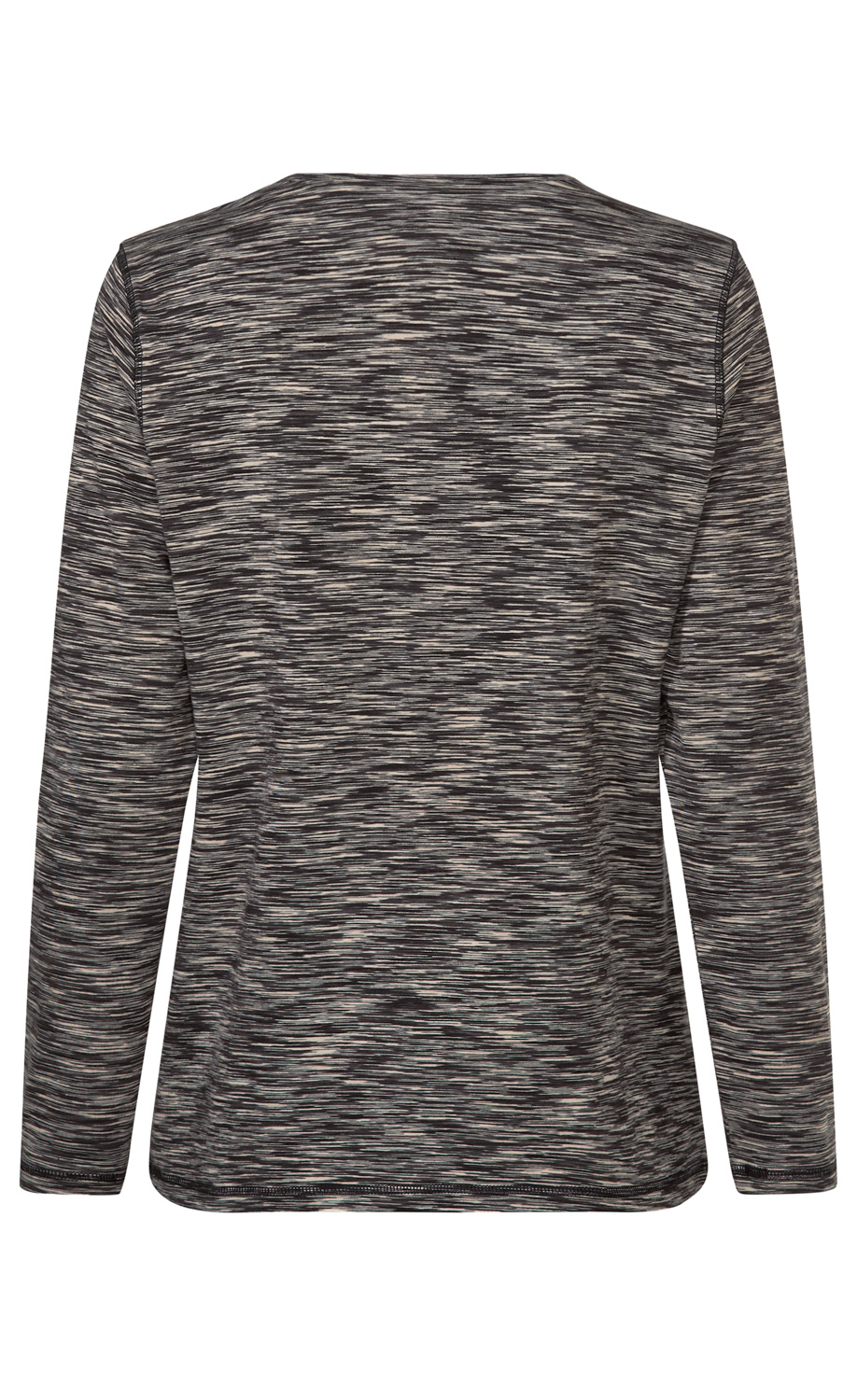 Rückansicht eines langärmligen Baumwoll-Shirts mit grauem und schwarzem Melange-Muster, rundem Ausschnitt, gerade geschnitten, einfache Nähte an Ärmeln und Saum, glatter Stoff
