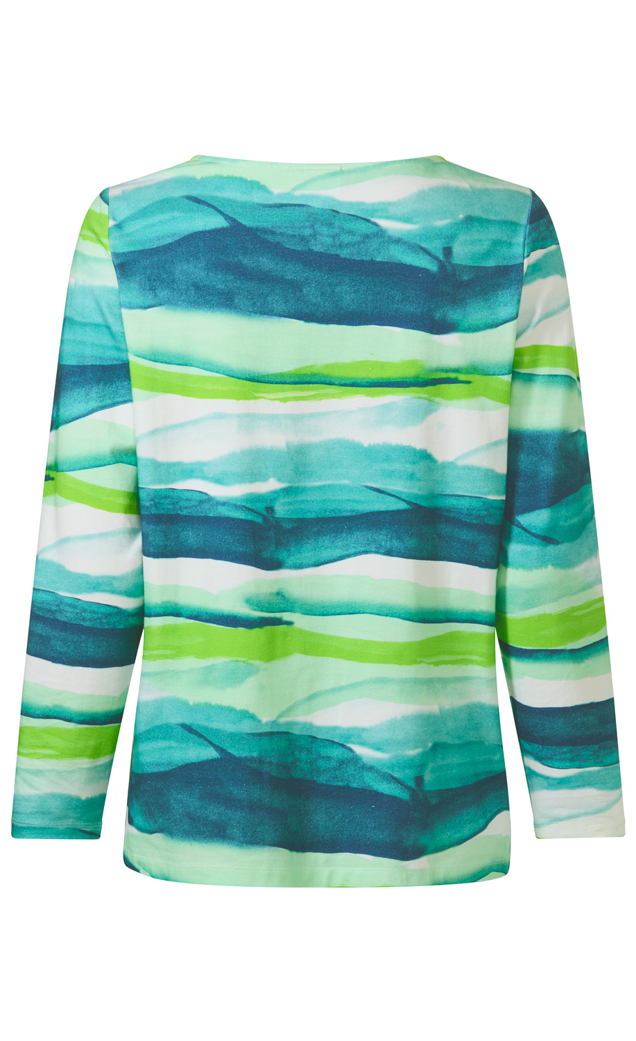 Baumwoll-Mix-Shirt mit langen Ärmeln, Rückansicht, gemustert mit breiten horizontalen Streifen in verschiedenen Blau- und Grüntönen auf weißem Hintergrund.