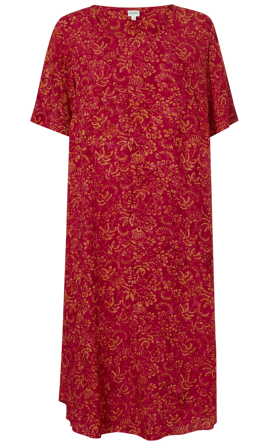 rotes Viskose-Kleid mit kurzem Ärmel, lockerem Schnitt und gelbem floralem Muster, Rundhalsausschnitt, knielang