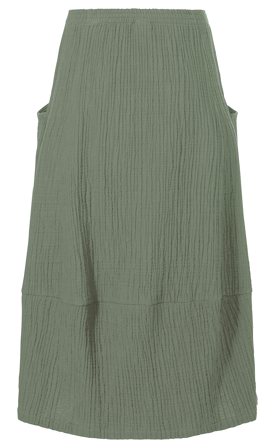 leichter Baumwoll-Rock in grün, knielang, mit elastischem Bund und feiner Struktur, seitliche Eingrifftaschen, schlichtes Design, ideal für sommerliche Freizeitkleidung