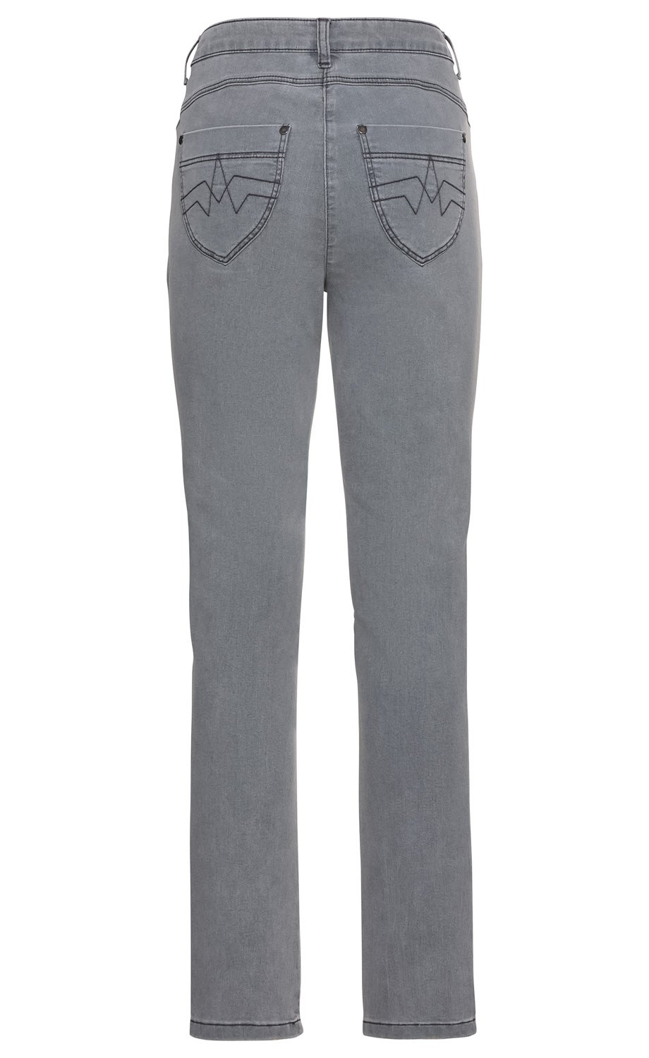 Hellgraue Baumwoll-Mix-Hose mit geradem Bein, zwei Taschen auf der Rückseite mit dekorativer dunkelgrauer Naht, hoher Bund und Gürtelschlaufen, schlichtes Design ohne weitere Verzierungen.