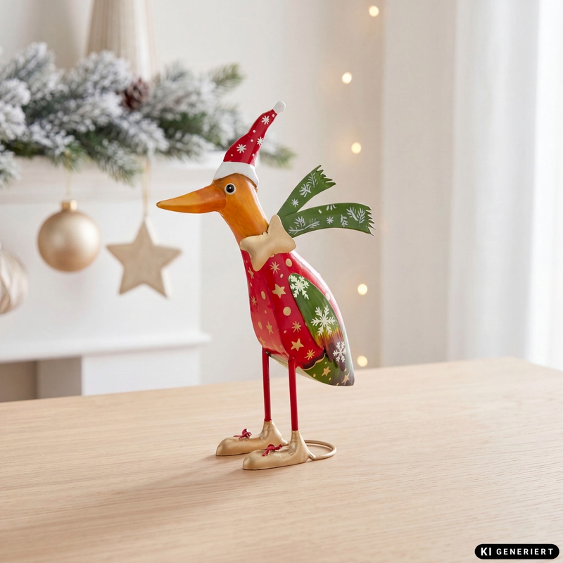 bunte Metallfigur eines Vogels mit rotem Weihnachtsmütze, grünem Schal und goldfarbenen Schuhen auf hellem Holztisch vor weihnachtlicher Dekoration mit Tannenzweig, Stern und Kugel in sanft beleuchteter Umgebung