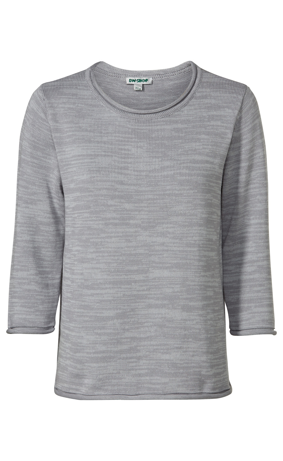 Hellgrauer Baumwoll-Pullover mit 3/4-Ärmeln, rundem Halsausschnitt, leichter Struktur und schlichtem Design, freigestellt auf weißem Hintergrund
