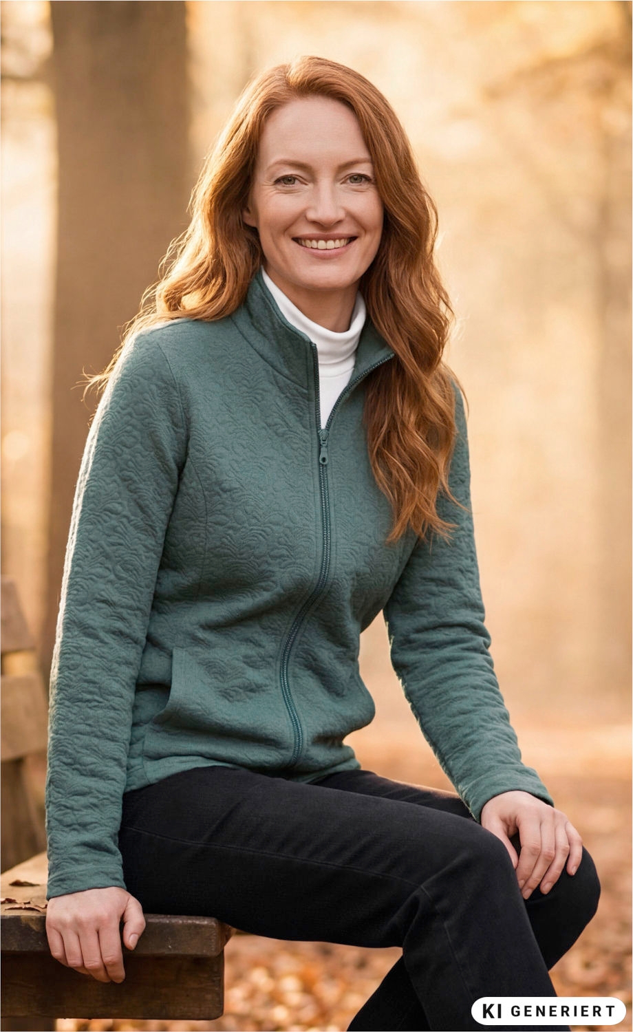 Frau mit roten Haaren sitzt auf einer Bank im Wald, trägt eine grün-graue Baumwoll-Jacke mit Reißverschluss, weißen Rollkragenpullover und schwarze Hose, herbstliche Umgebung mit warmem Licht und Laub auf dem Boden