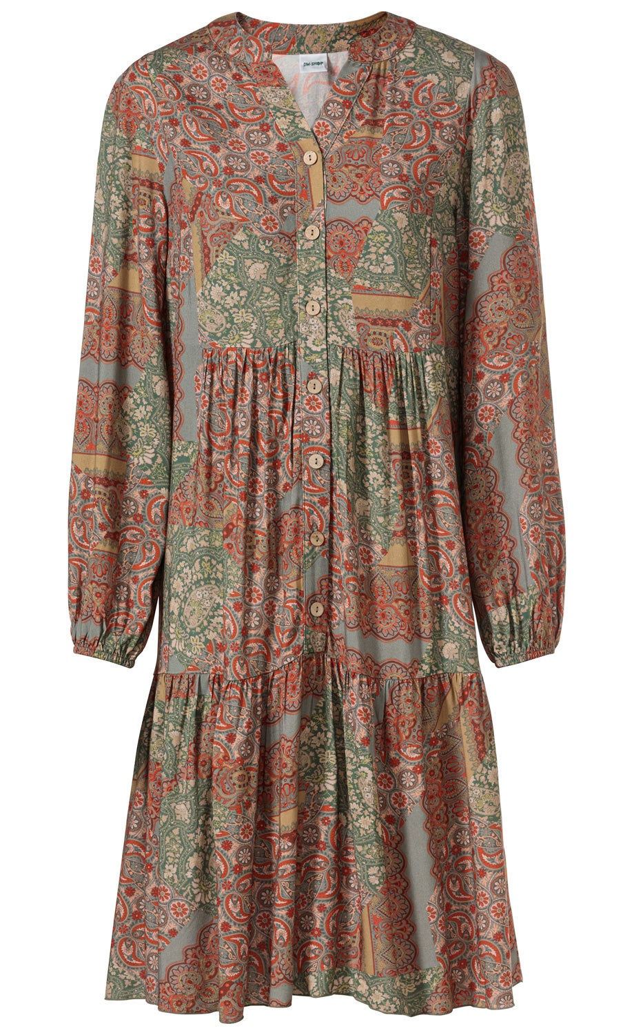 Viskose-Kleid mit langem Arm, Knopfleiste vorne, gerafftem Taillenbereich, Paisley-Muster in Rot, Grün, Beige und Grau, locker fallend, leicht ausgestellter Rock, elastische Ärmelbündchen
