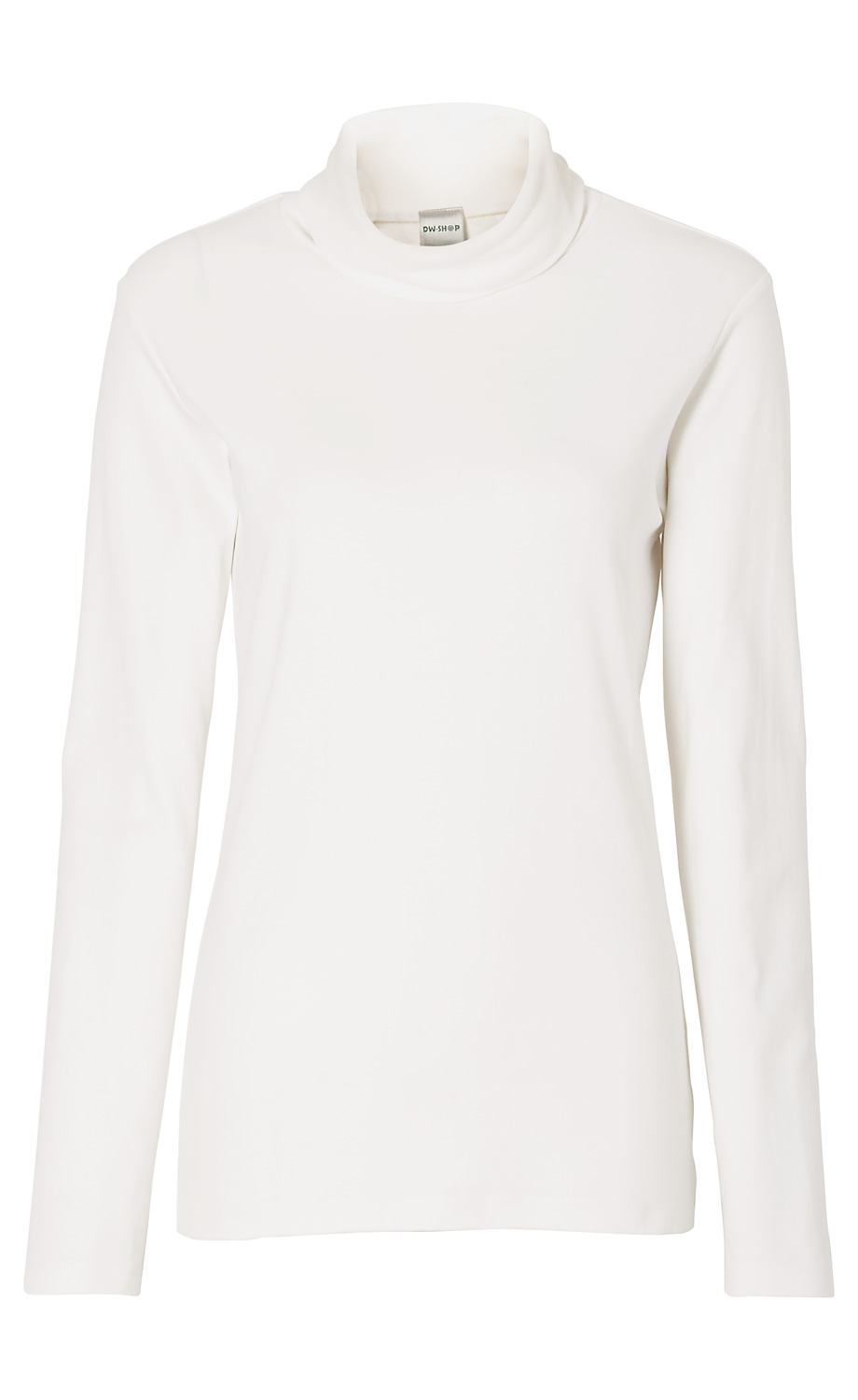 weißes Baumwoll-Shirt mit langem Arm und Rollkragen, schlichtes Design, einfarbig, gerade geschnitten, ohne Muster oder Aufdruck, isoliert vor weißem Hintergrund