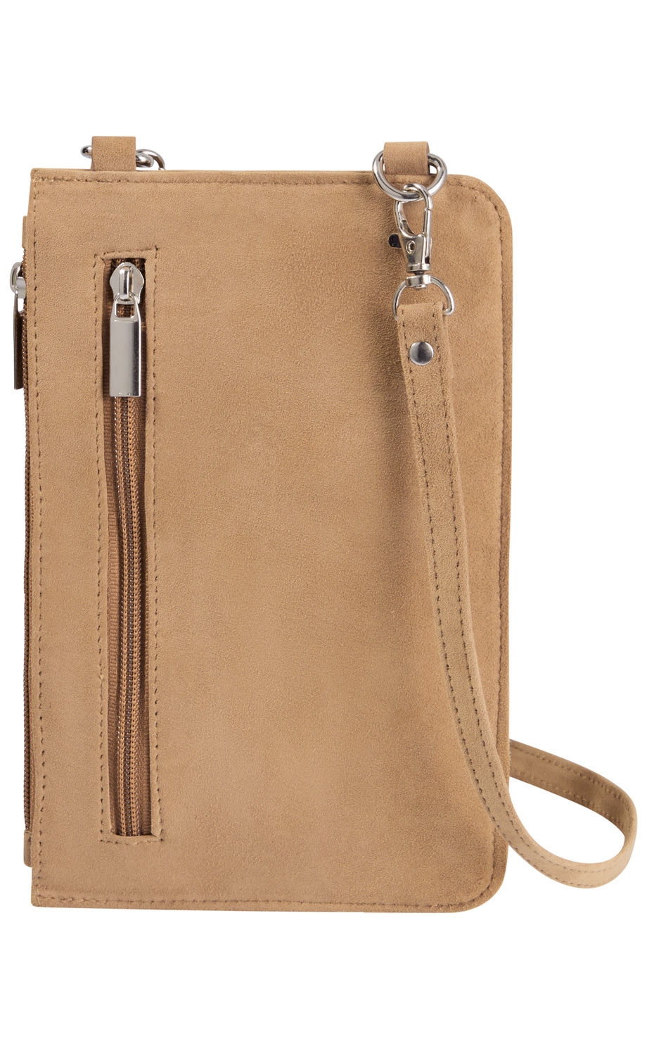 Beige kleine Umhängetasche aus Wildleder mit abnehmbarem Riemen, silbernem Karabinerhaken und vertikalem Reißverschlussfach auf der Vorderseite