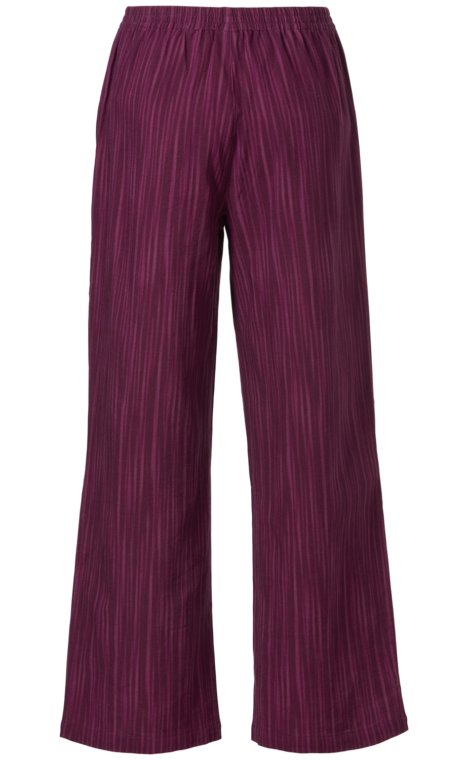 Baumwoll-Hose in dunklem Lila mit feinen vertikalen Streifen, weiter Beinverlauf, elastischem Bund, knöchellang, glatte Oberfläche, legere Passform