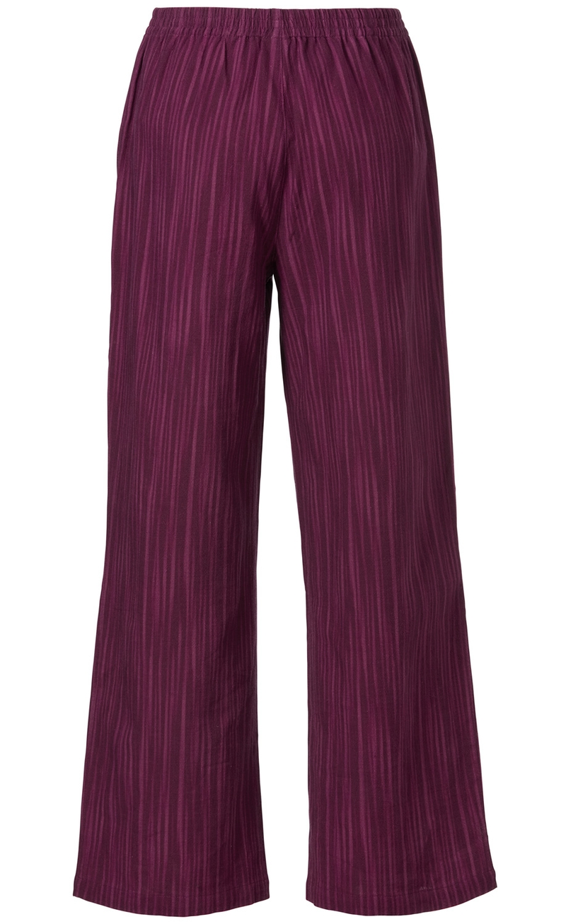 Baumwoll-Hose in dunklem Lila mit feinen vertikalen Streifen, weiter Beinverlauf, elastischem Bund, knöchellang, glatte Oberfläche, legere Passform
