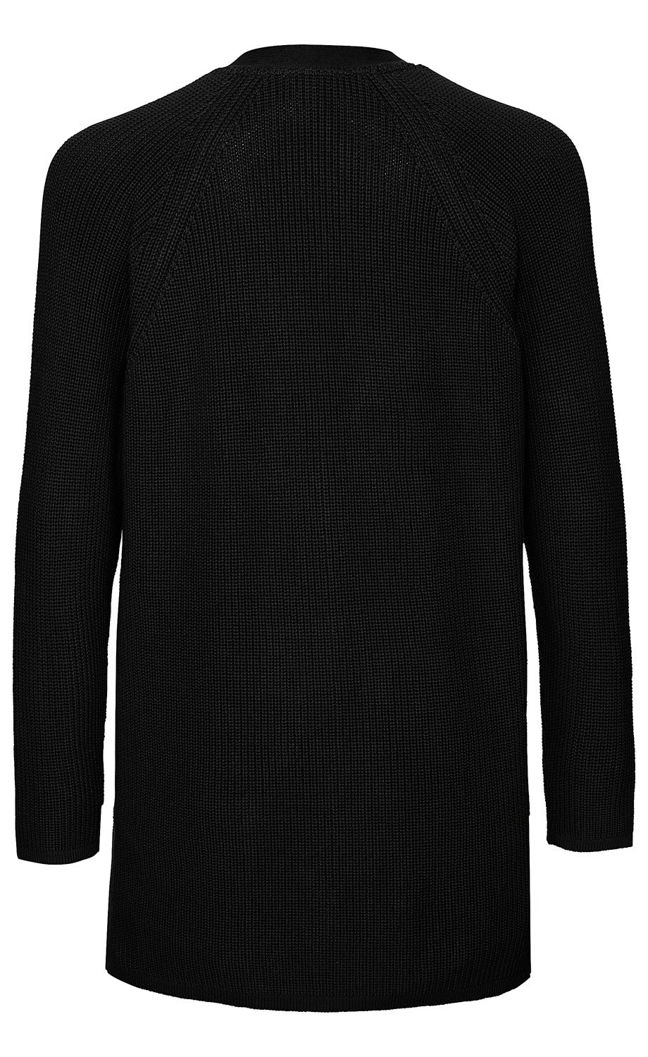 schwarze Baumwoll-Strickjacke mit langem Arm, grobmaschiges Strickmuster, Rückansicht, gerade geschnitten, ohne Verschluss, rundhals, textile Struktur gut sichtbar