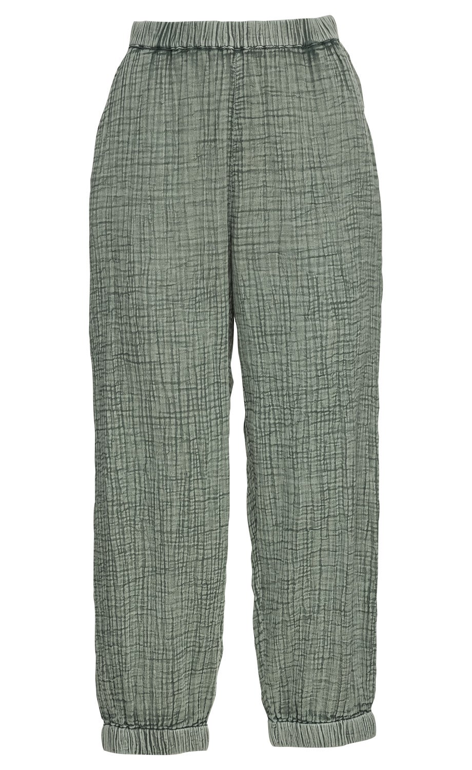 Baumwoll-Hose in grün mit elastischem Bund und Bündchen am Saum, leicht strukturierter Stoff mit kariertem Muster, lockere Passform, angenehm und bequem für den Alltag geeignet