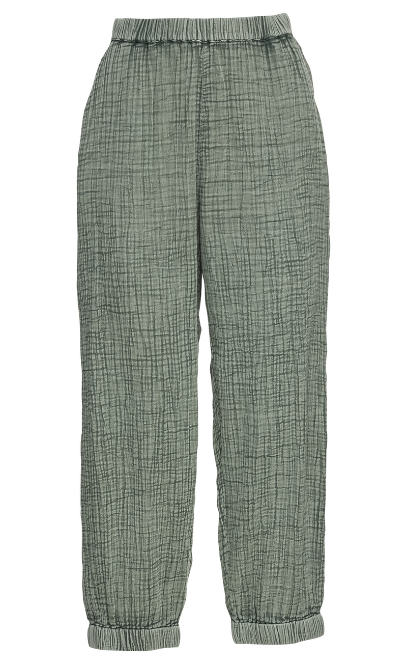 Baumwoll-Hose in grün mit elastischem Bund und Bündchen am Saum, leicht strukturierter Stoff mit kariertem Muster, lockere Passform, angenehm und bequem für den Alltag geeignet