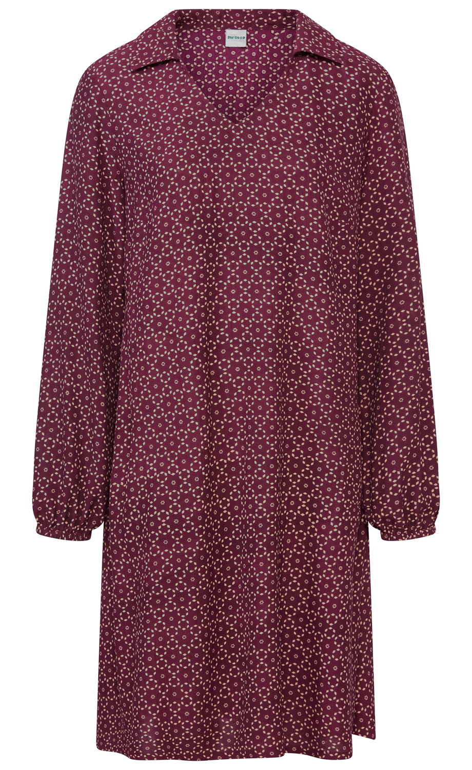 lila langärmeliges Kleid mit kleinem hellrosa geometrischem Muster, V-Ausschnitt, Hemdkragen und leicht gerafften Ärmelenden