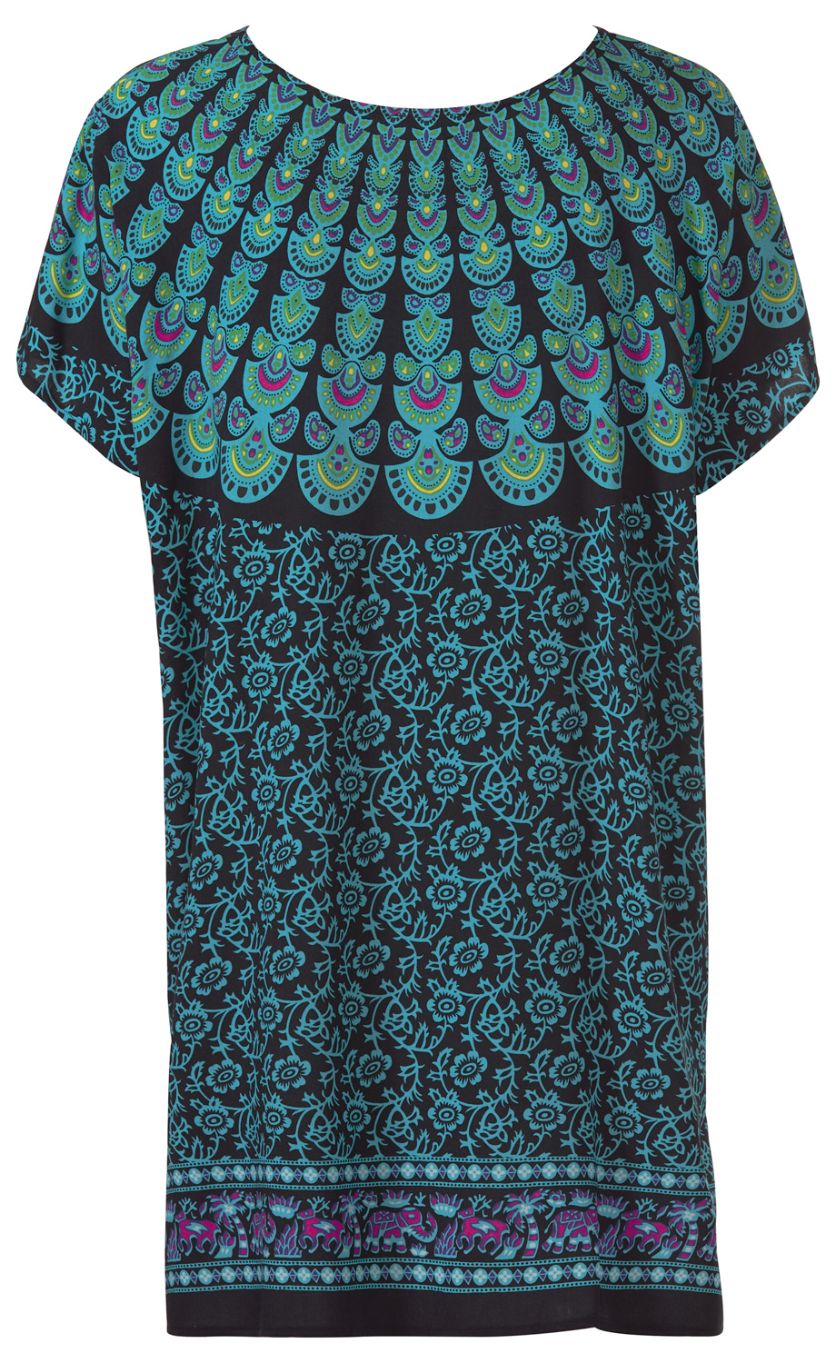 Viskose-Kaftan mit rundem Ausschnitt, schwarzem Hintergrund, buntem Muster in Blau, Grün und Pink, obere Hälfte mit bogenförmigen Mustern, untere Hälfte mit filigranen floralen Ornamenten und Bordüre mit ethnischem Design