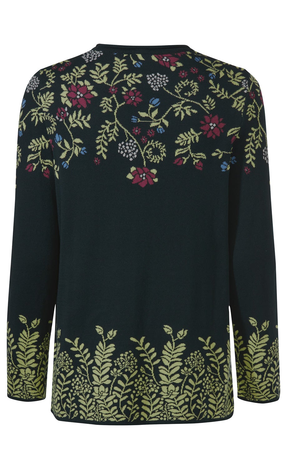 Baumwoll-Pullover, Rückansicht, dunkelgrün, langärmelig, mit floralem Muster in Grün, Rot, Blau und Weiß am oberen Rücken, Ärmelenden und Saum