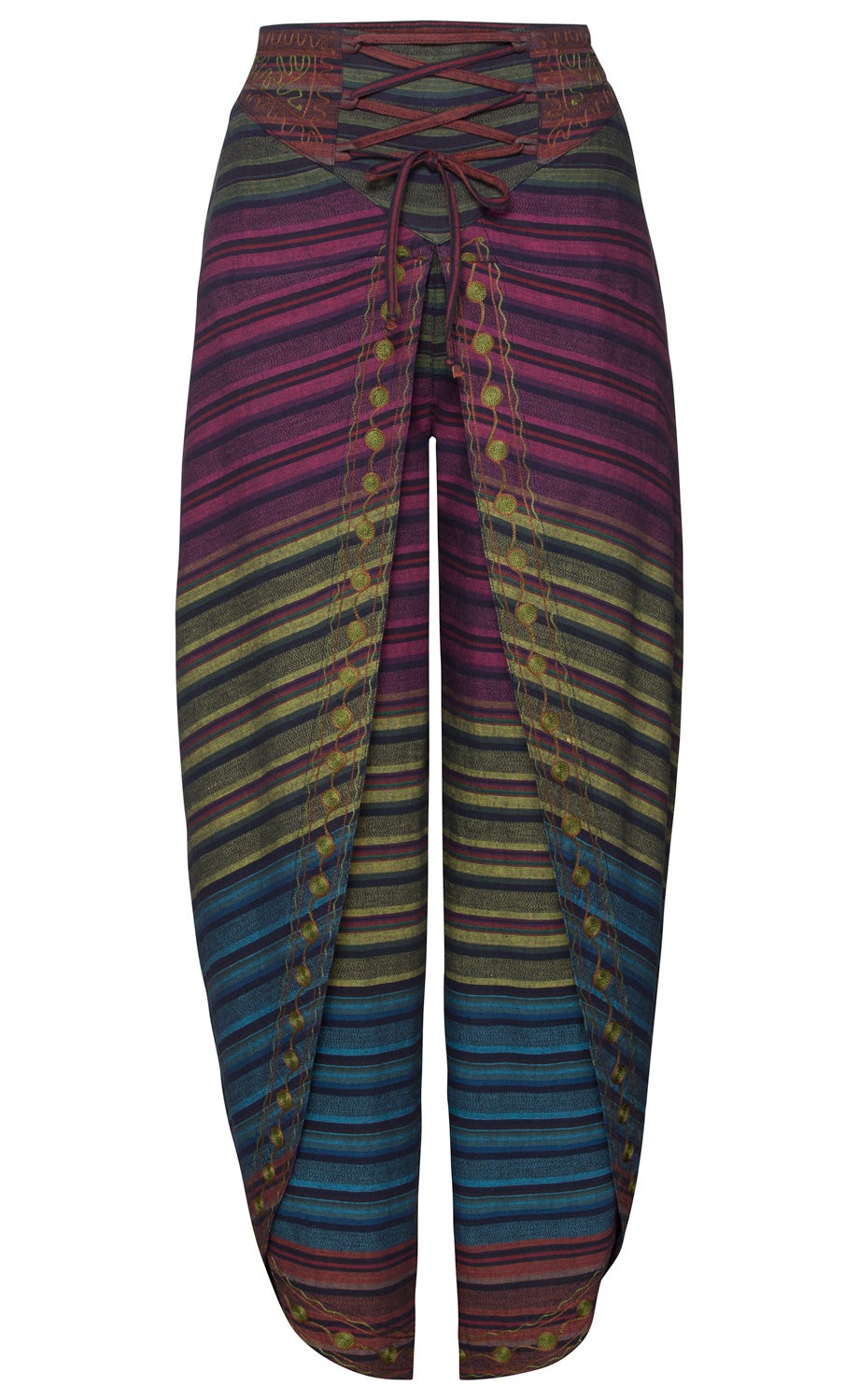 Baumwoll-Hose mit bunten horizontalen Streifen in Blau, Grün, Rot und Violett, hoher Bund mit Schnürung vorne, verziert mit gelben Punktsalz-ähnlichen Mustern entlang der Beine, locker geschnitten, offen gesäumt am Saum