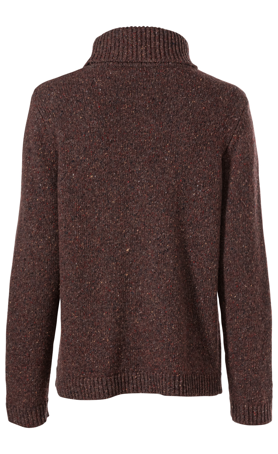 dunkelbrauner Woll-Mix-Pullover mit feinem mehrfarbigem Melange-Effekt, langer Ärmel, geripptem Stehkragen und geripptem Saum, Rückansicht, schlichte und warme Strickware
