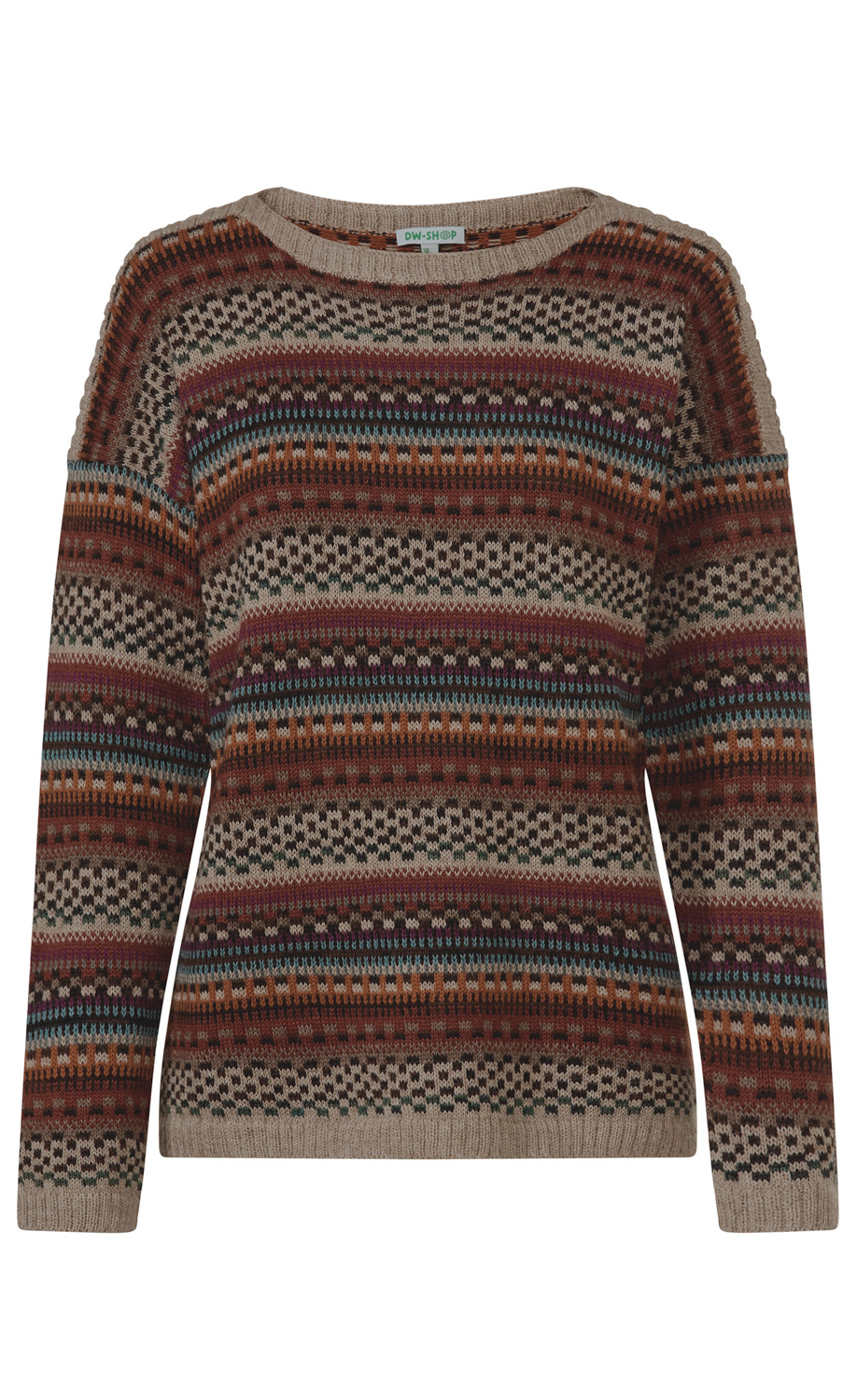 Alpaka-Pullover mit Rundhalsausschnitt, langärmlig, gemustert in Erdtönen wie Beige, Braun, Dunkelrot, Türkis und Dunkelgrün, feine Strickqualität, gerader Schnitt, Design mit horizontalen Streifen und geometrischen Mustern.