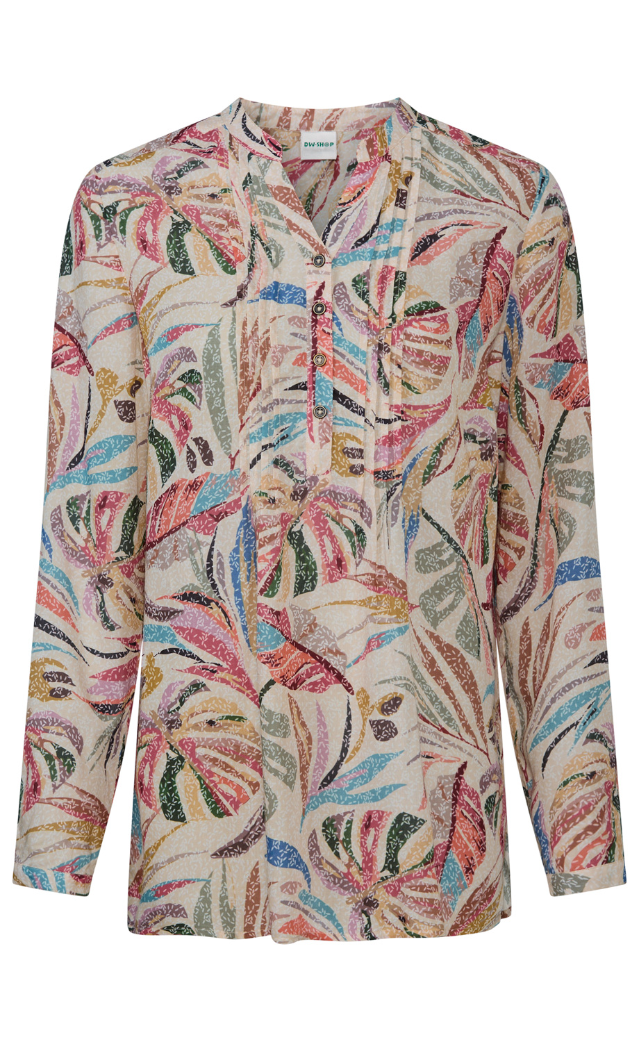 Langärmlige Bluse mit farbenfrohem abstraktem Blattmuster in Rosa, Blau, Grün, Gelb und Braun, V-Ausschnitt mit Knopfleiste und feinen Brustfalten, leichter, weicher Stoff, lockere Passform