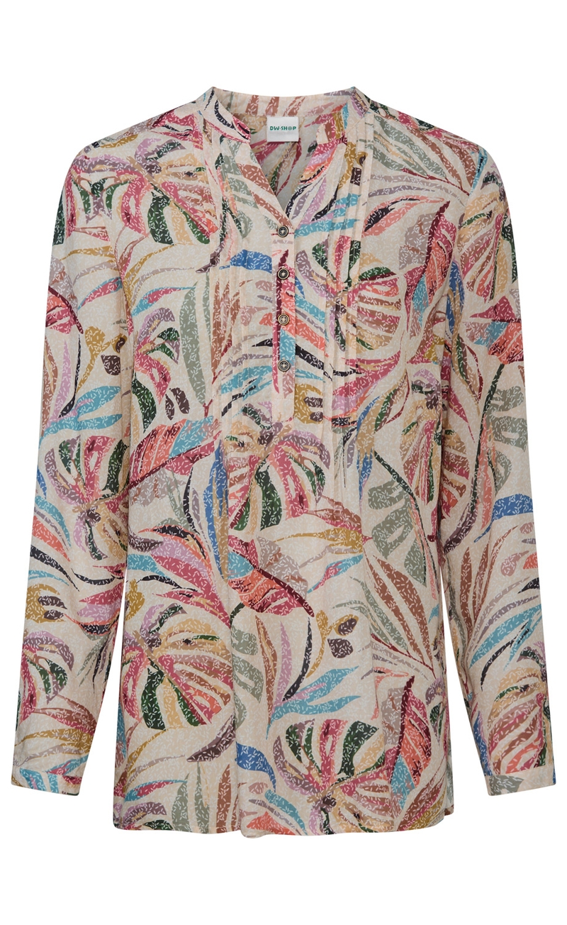 Langärmlige Bluse mit farbenfrohem abstraktem Blattmuster in Rosa, Blau, Grün, Gelb und Braun, V-Ausschnitt mit Knopfleiste und feinen Brustfalten, leichter, weicher Stoff, lockere Passform
