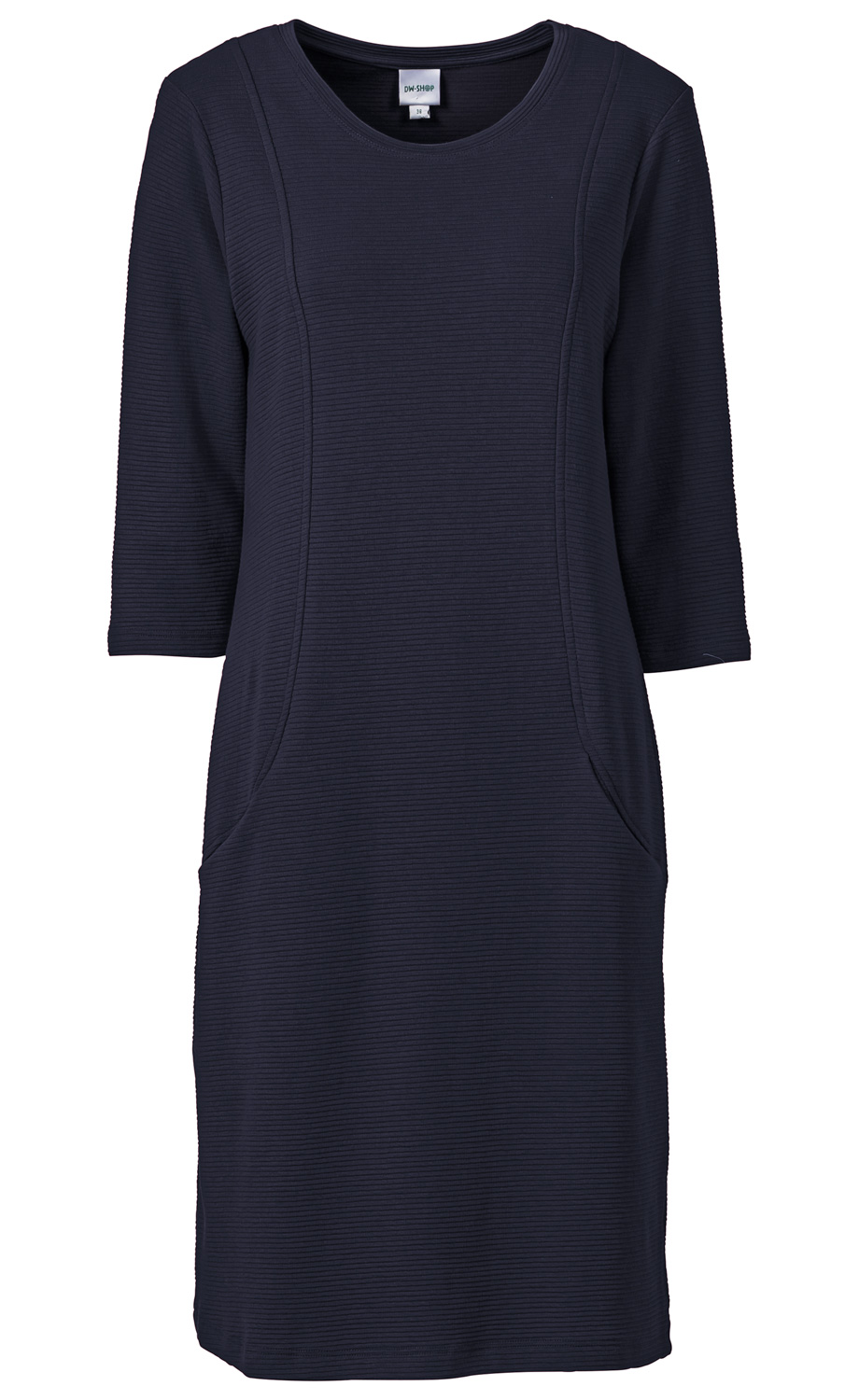 dunkelblaues Baumwoll-Kleid mit 3/4-Ärmeln, Rundhalsausschnitt, gerader Passform und sichtbaren Nahtdetails, knielang