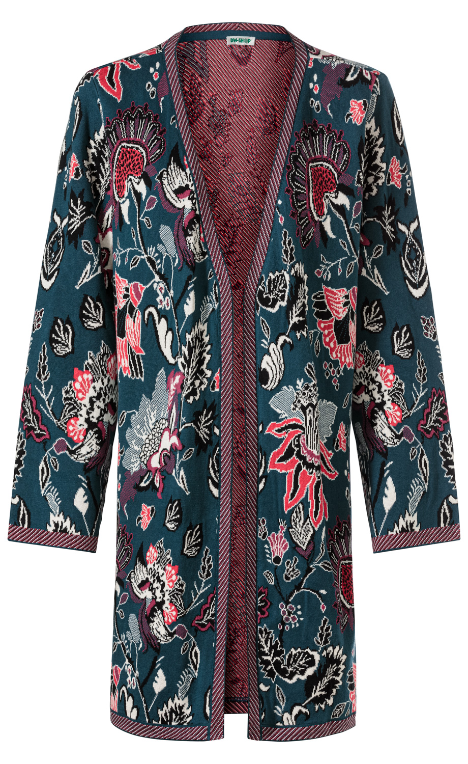 Baumwoll-Jacke mit offenem Schnitt, dunkelgrünem Grund, floralem Muster in Rot, Weiß, Schwarz und Lila, langärmlig, mit schmalem gestreiftem Besatz am Kragen, Saum und Ärmeln