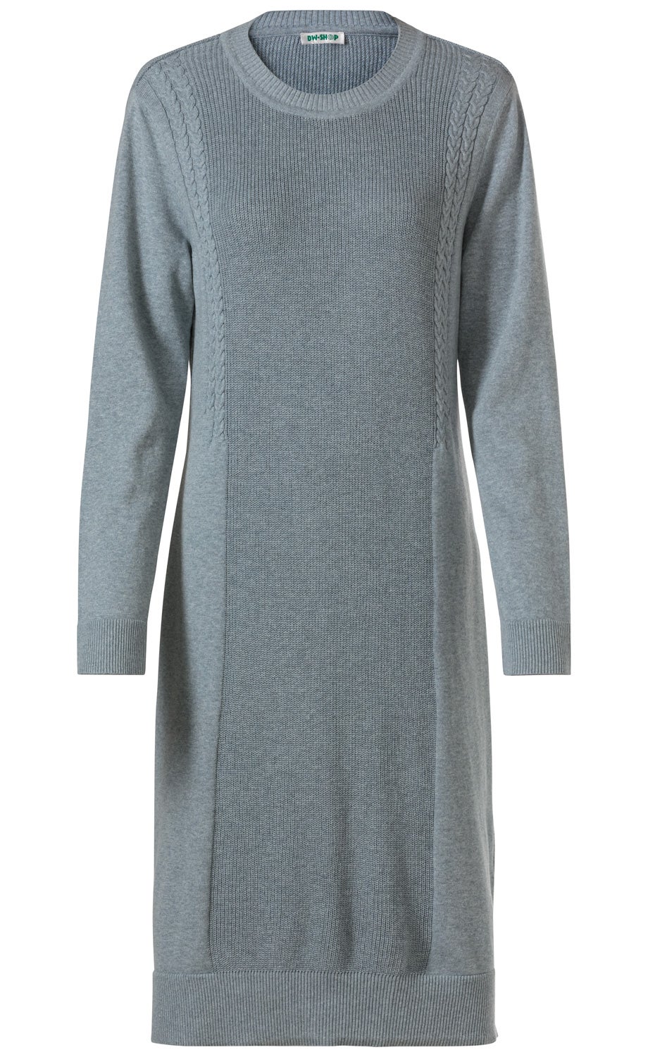 Baumwoll-Mix-Kleid in Hellgrau mit Langarm, Rundhalsausschnitt, geradem Schnitt, seitlichen Zopfmuster-Strickdetails und Rippbündchen an Ärmeln und Saum