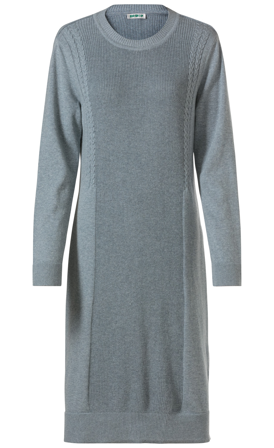 Baumwoll-Mix-Kleid in Hellgrau mit Langarm, Rundhalsausschnitt, geradem Schnitt, seitlichen Zopfmuster-Strickdetails und Rippbündchen an Ärmeln und Saum