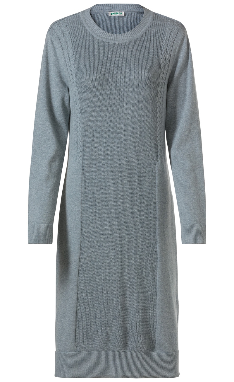 Baumwoll-Mix-Kleid in Hellgrau mit Langarm, Rundhalsausschnitt, geradem Schnitt, seitlichen Zopfmuster-Strickdetails und Rippbündchen an Ärmeln und Saum