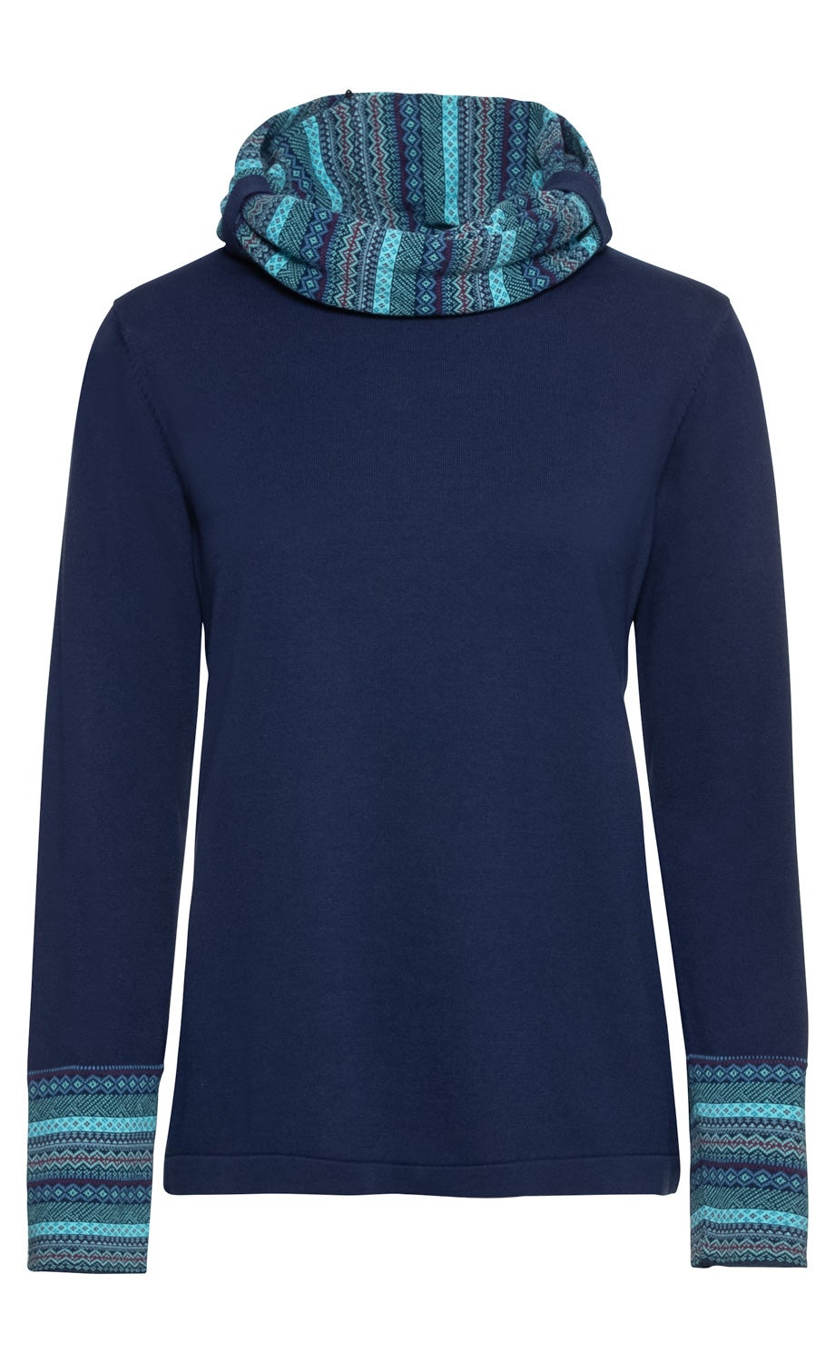 Dunkelblauer Baumwoll-Pullover mit langem Ärmel, großer gemusterter, gefalteter Rollkragen und passende gemusterte Ärmelbündchen in Blau- und Türkistönen, einfacher Schnitt, ohne Knöpfe oder Reißverschluss