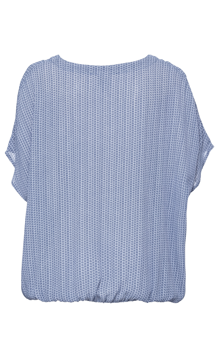Rückansicht einer kurzärmeligen Viskose-Bluse mit blau-weißem, kleinem geometrischem Muster und elastischem Saum in lockerem Schnitt