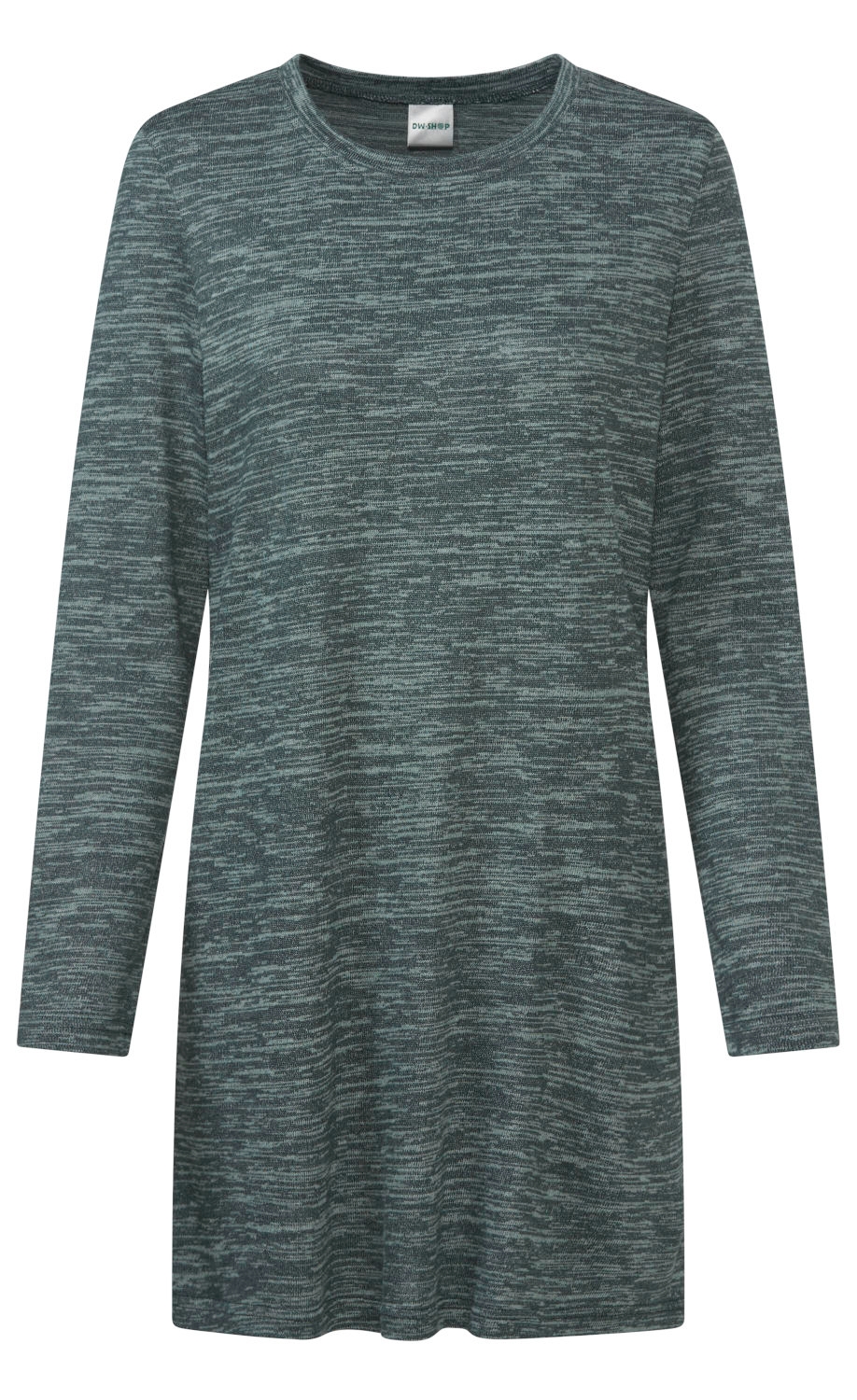 langärmeliges Damenoberteil in meliertem Dunkelgrün und Grau, Rundhalsausschnitt, locker geschnitten, feines Strickmaterial