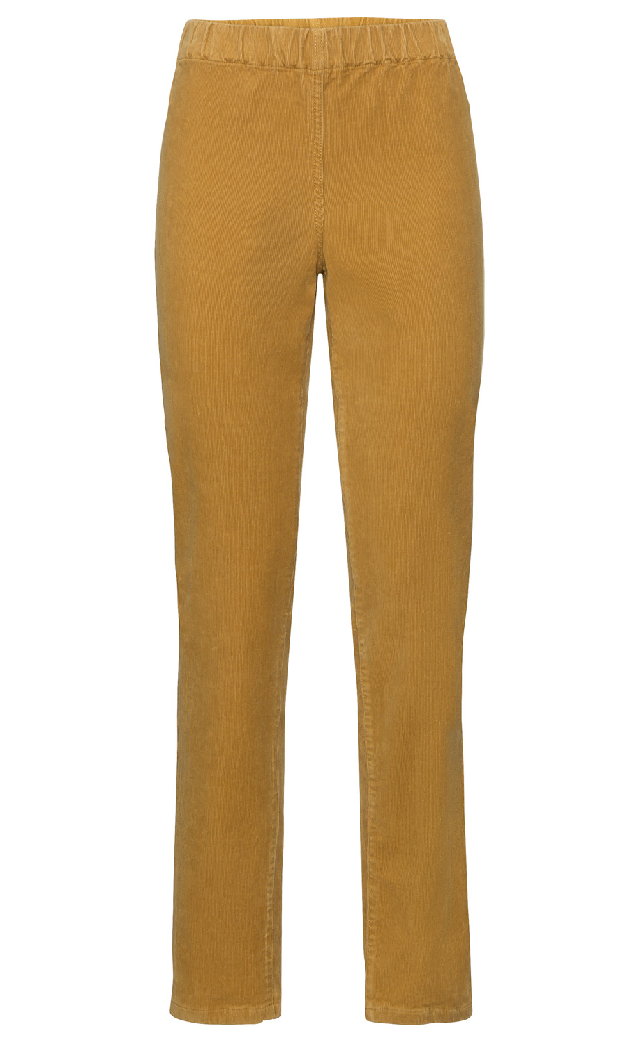 Baumwoll-Hose in Senfgelb mit elastischem Bund, schmaler Schnitt, gerade Beinform, feine Struktur, ohne Taschen sichtbar, schlichtes Design