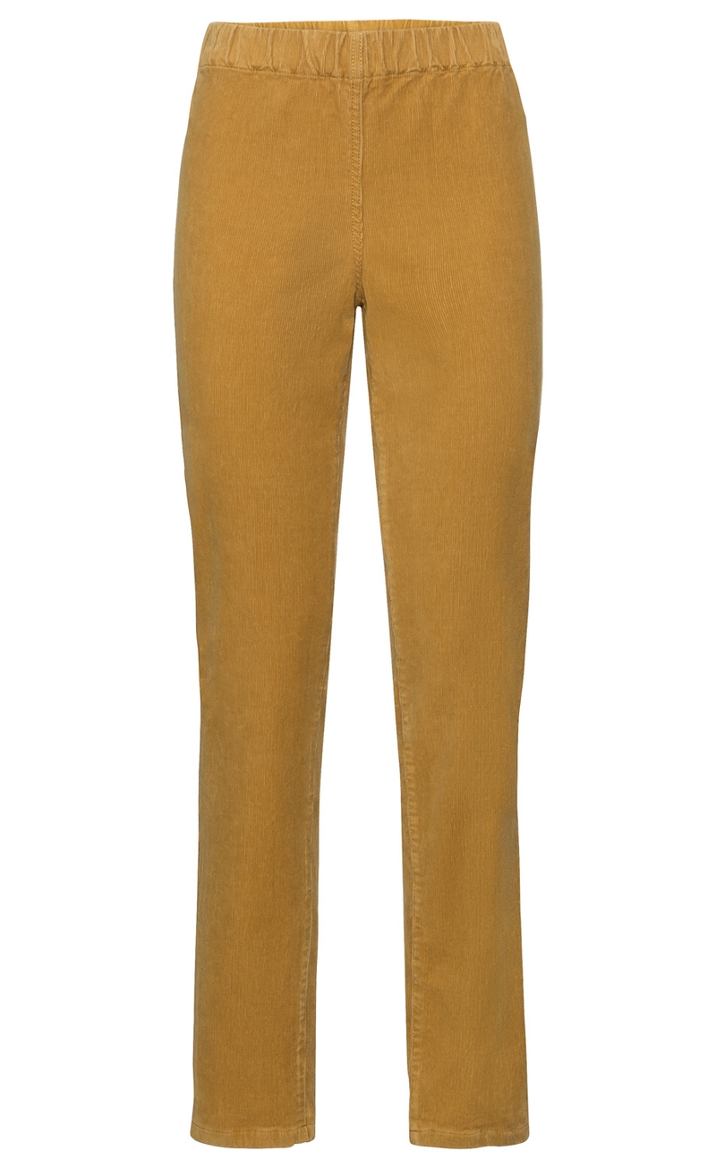 Baumwoll-Hose in Senfgelb mit elastischem Bund, schmaler Schnitt, gerade Beinform, feine Struktur, ohne Taschen sichtbar, schlichtes Design