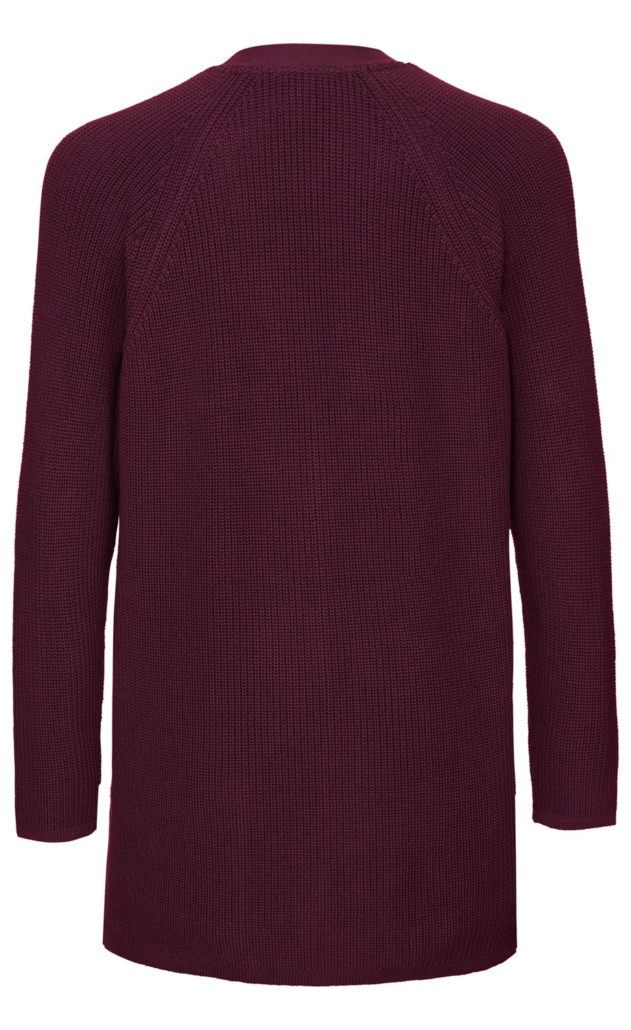 Rückansicht einer dunkelroten Baumwoll-Strickjacke mit feiner, gleichmäßiger Struktur, langen Ärmeln und rundem Halsausschnitt, locker fallend bis zur Hüfte.