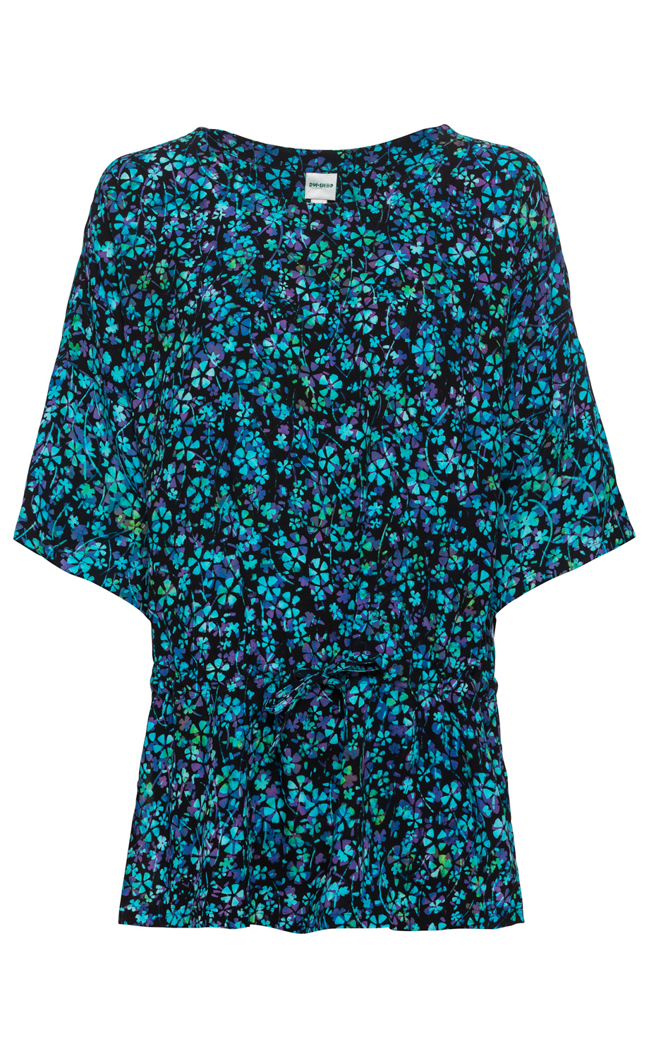 Viskose-Bluse mit kurzem Fledermausärmel, schwarzer Grundfarbe und intensiv blau-violettem Blumenmuster, mit Taillenband zum Binden, Rundhalsausschnitt, leichte, fließende Qualität.