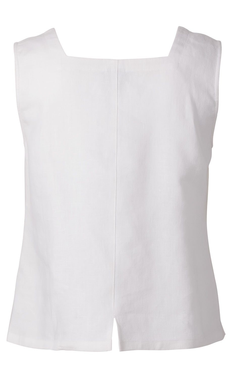Weißes ärmelloses Leinen-Top mit eckigem Ausschnitt und Mittelnähte, leicht ausgestellte Passform, kleiner Schlitz am Saum, glatte Oberfläche, schlichtes Design