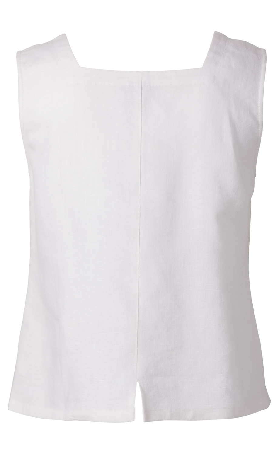Weißes ärmelloses Leinen-Top mit eckigem Ausschnitt und Mittelnähte, leicht ausgestellte Passform, kleiner Schlitz am Saum, glatte Oberfläche, schlichtes Design