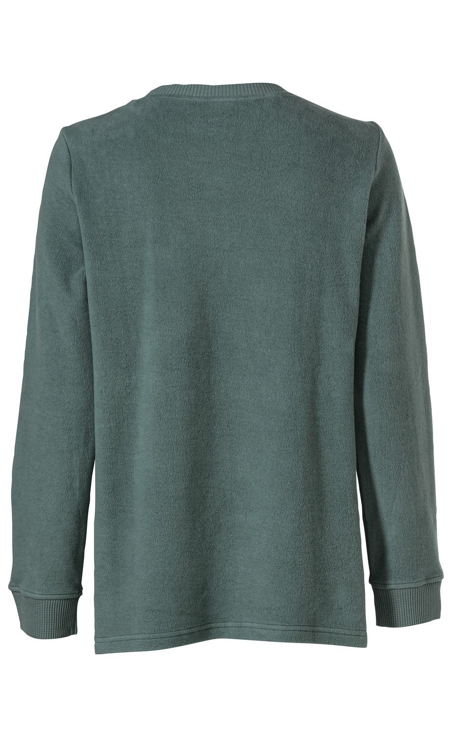 Baumwoll-Fleece-Pullover in blaugrau, Rückansicht, langärmlig mit geripptem Rundhalsausschnitt und gerippten Bündchen, klassischer Schnitt, weiches, warmes Material