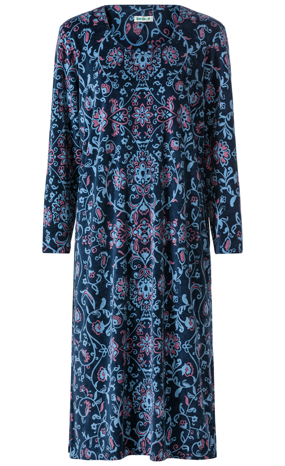 Baumwoll-Hauskleid langärmelig in Dunkelblau mit floralem Muster in Hellblau und Rosa, rundem Ausschnitt, knie- bis wadenlang, bequeme, lockere Passform