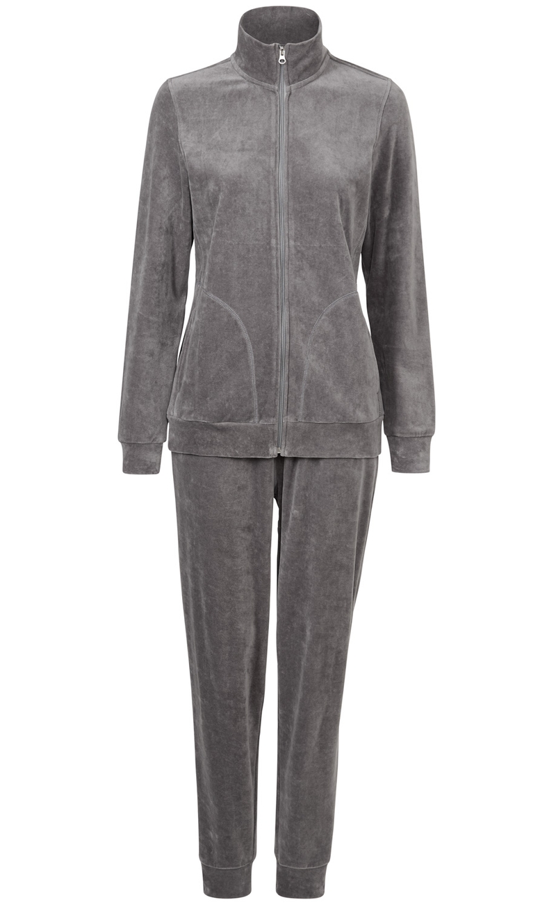 Baumwoll-Hausanzug, grauer Freizeitanzug mit Reißverschlussjacke und elastischer Bundhose, Langarm, Stehkragen, weicher, leichter Stoff, komfortabel und gemütlich, für Damen