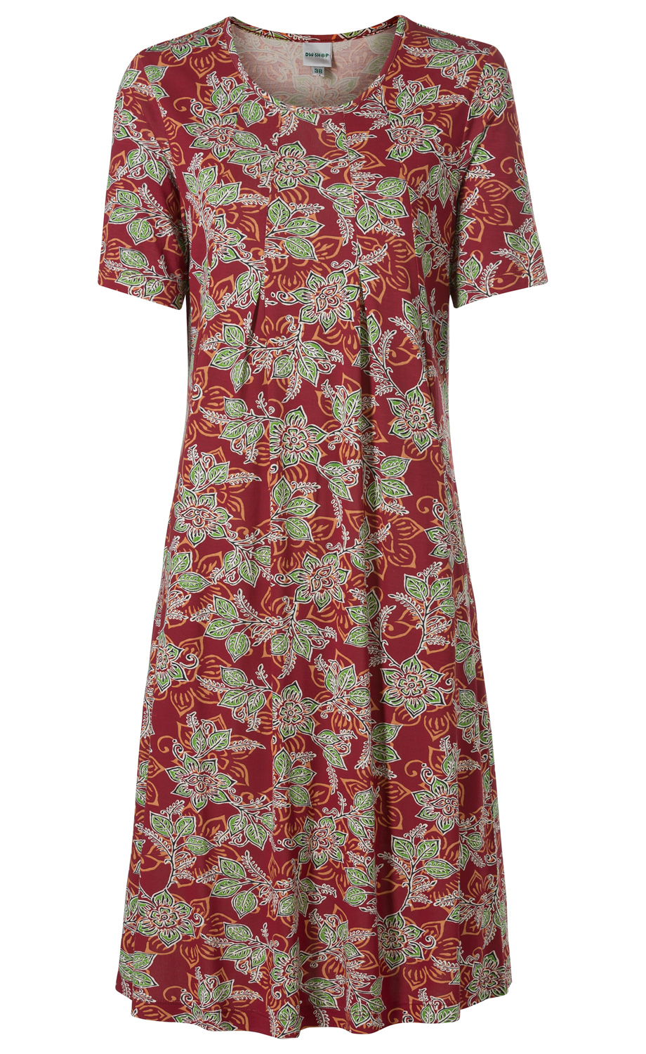 Viskose-Kleid in Rot, kurzärmelig, mit grün-weißem Blumen- und Blättermuster, Rundhalsausschnitt, knielang, lockere Passform