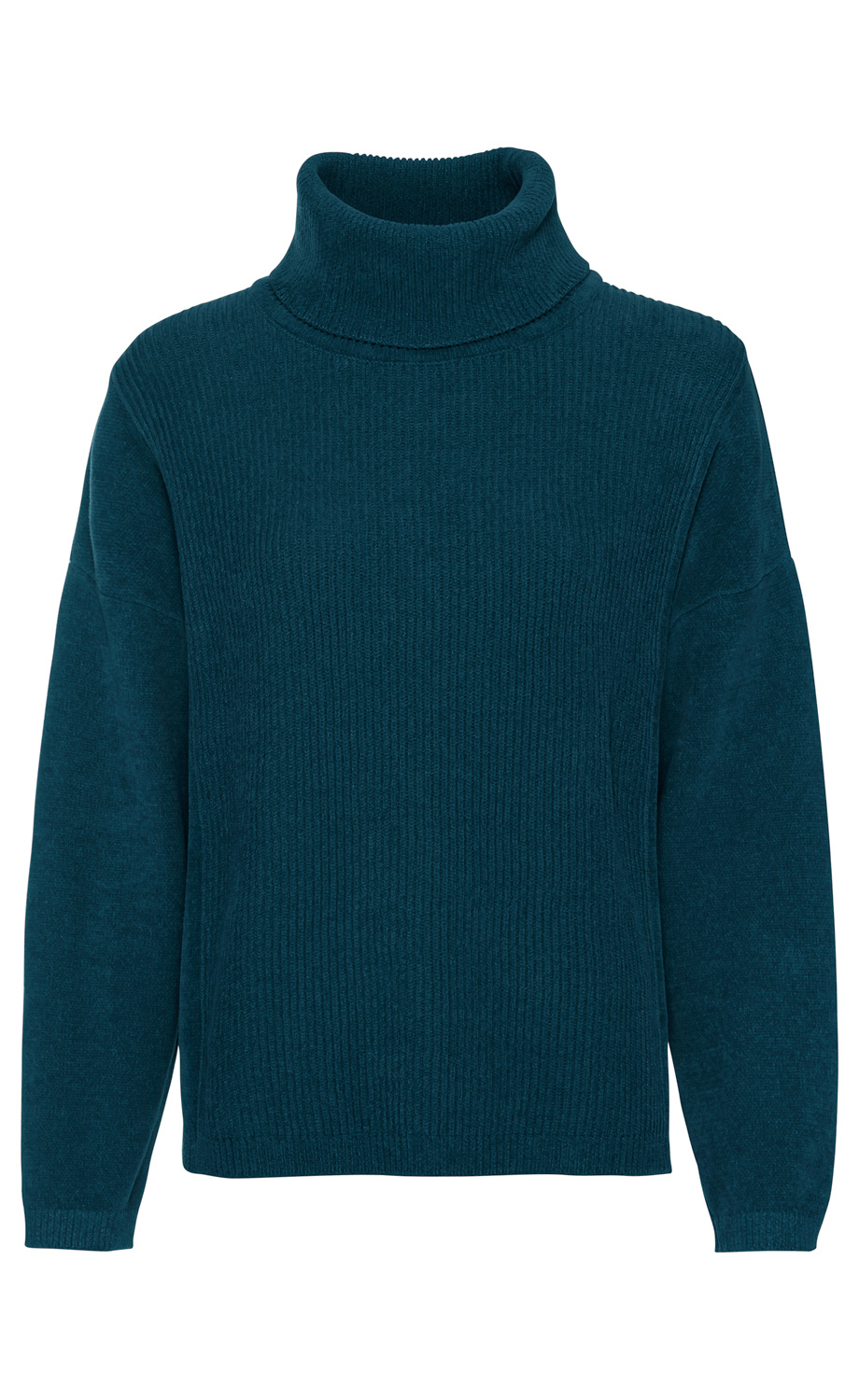 Dunkelblauer Baumwoll-Pullover mit Rollkragen, langärmlig, geripptes Strickmuster, gerade geschnitten, leicht oversized, elastische Bündchen an Ärmeln und Saum
