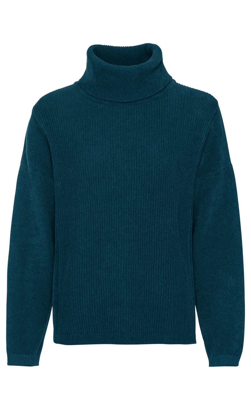 Dunkelblauer Baumwoll-Pullover mit Rollkragen, langärmlig, geripptes Strickmuster, gerade geschnitten, leicht oversized, elastische Bündchen an Ärmeln und Saum