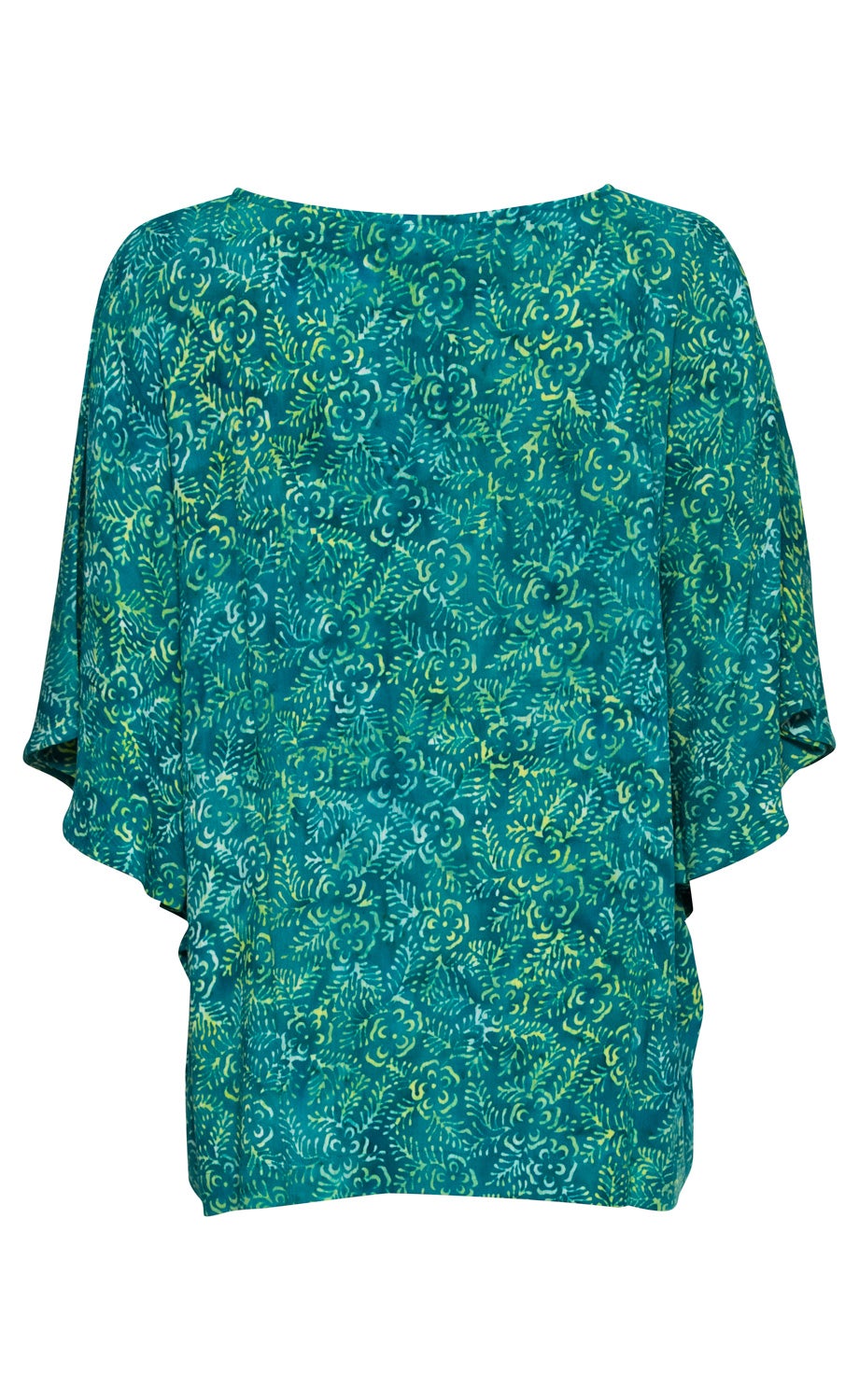 Viskose-Bluse in Türkis mit lockerem Schnitt, halblangen Ärmeln und floralem Muster in Gelb- und Blautönen, hinten abgebildet.